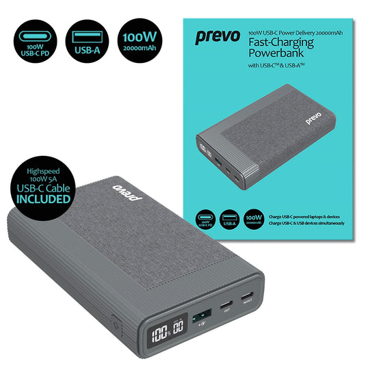100W USB-C Fast-Charging Powerbank for Laptops, Smartphones & other USB-C Devices - Prevo