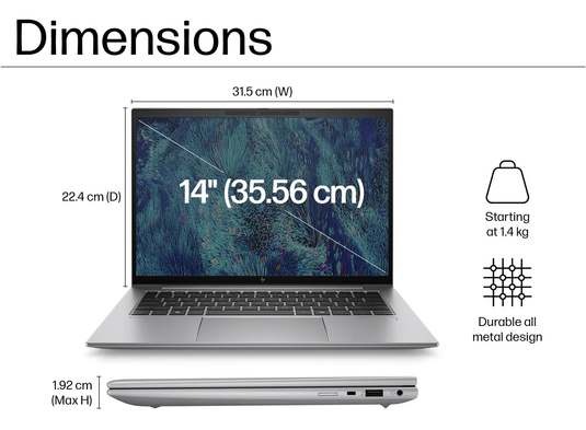 HP Laptop ZBook Firefly 14 G11 - H-Series Ultra 7 32GB DDR5 RAM 1TB SSD Backlit Keyboard NVIDIA RTX A500 GPU Windows 11 Pro 14" IPS FHD Screen