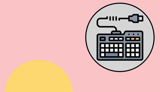 Black and gray keyboard with usb cable design, minimalist style.