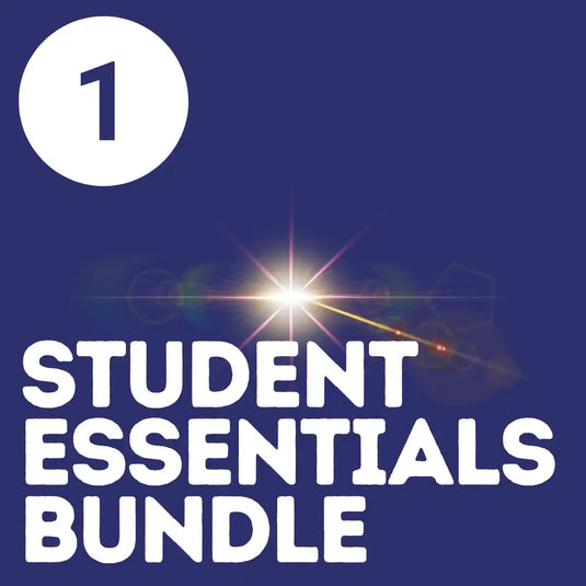 Student essentials bundle kit with starburst design on blue background.