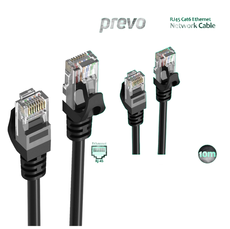 10M Network Cable, RJ45 (M) to RJ45 (M), CAT6, 10m, Black, Oxygen Free Copper Core, Sturdy PVC Outer Sleeve & Clip Protector - Prevo