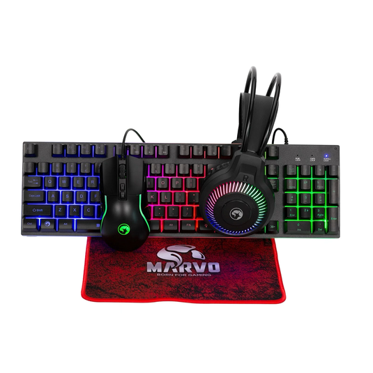 4-in-1 RGB Gaming UK Layout Keyboard Mouse Headset and Mat Bundle (Black) - Marvo