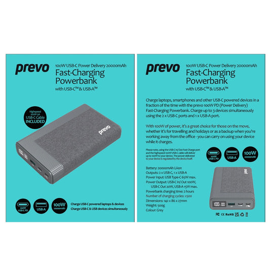 100W USB-C Fast-Charging Powerbank for Laptops, Smartphones & other USB-C Devices - Prevo