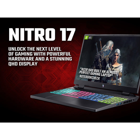 Acer Gaming Laptop Nitro 17 - H-Series Ryzen 7 32GB DDR5 RAM 512GB SSD + 1TB SSD RGB Backlit Keyboard 8GB NVIDIA RTX 4070 Graphics 17.3" 165Hz Quad-HD Screen