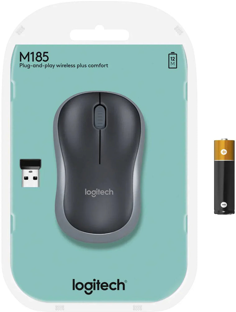 Black/Grey Wireless M185 Optical Mouse with USB Nano Receiver - Logitech