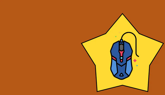 Blue and black gaming mouse with a yellow star background.