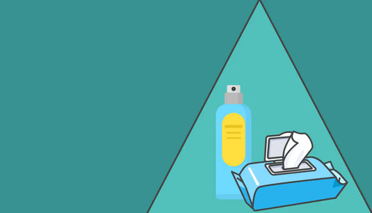 Blue and yellow bottle with pump dispenser, likely plastic or glass.