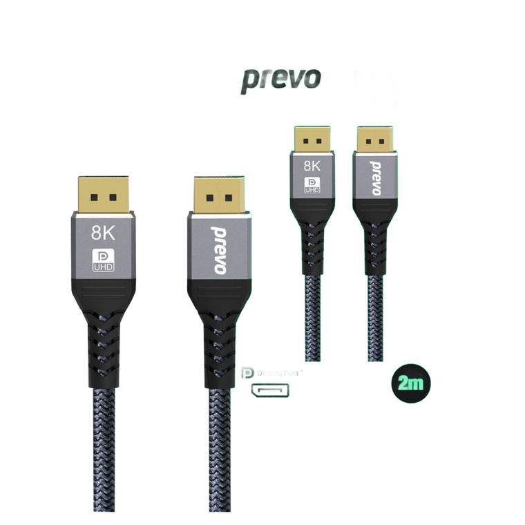 DisplayPort Cable, 2m, Black & Grey, Supports Displays up to 8K@60Hz, Braided Cable - Prevo