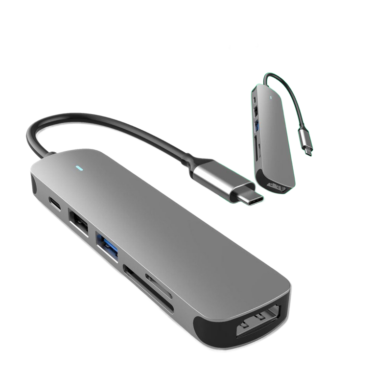 USB Type-C 6-In-1 Hub Docking Station with 4K HDMI, SD and TF Card Reader, USB 2.0, USB 3.0, USB-C, Silver Metal Finish - Prevo