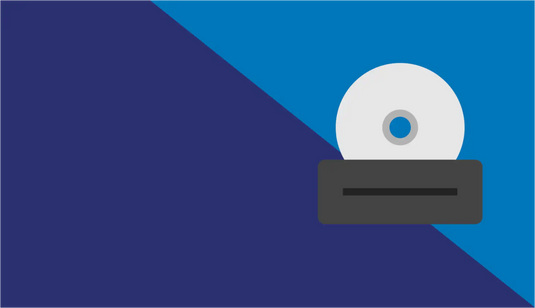 White cd in black tray against blue and purple background.