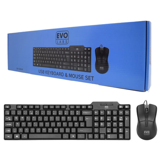 Wired Keyboard and Mouse Combo Set, USB Plug and Play, Full Size Qwerty UK Layout with Optical Mouse, Ideal for Home or Office, Black - Evo Labs
