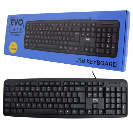 Wired Keyboard, USB Plug and Play, Full Size, Qwerty UK Layout, Ideal for Home or Office, Black - Evo Labs