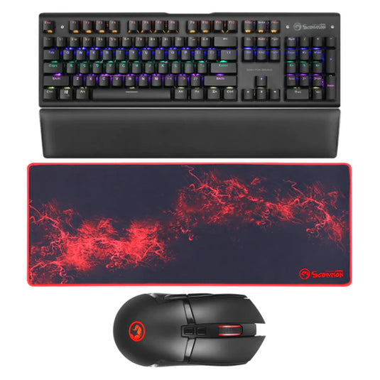 3-in-1 Gaming Bundle Keyboard Mouse and Mouse Pad,RGB Mechanical Blue Switch Multimedia and Anti-ghosting Keys 6400 dpi Programmable RGB Mouse - Marvo