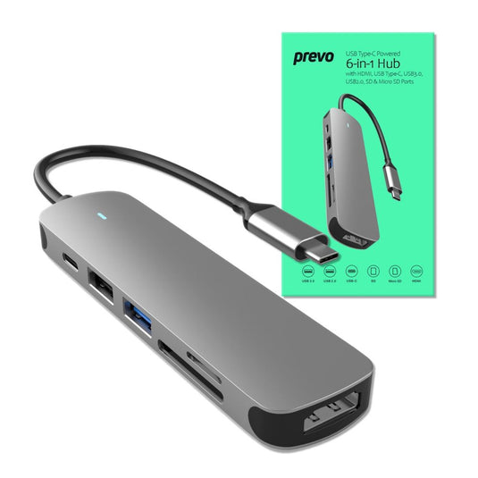 USB Type-C 6-In-1 Hub Docking Station with 4K HDMI, SD and TF Card Reader, USB 2.0, USB 3.0, USB-C, Silver Metal Finish - Prevo