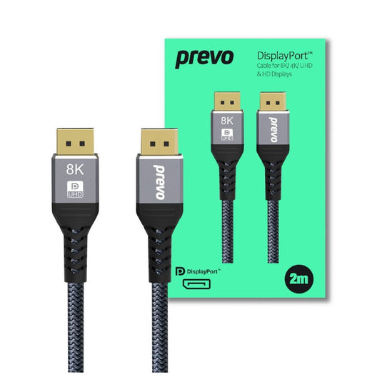 DisplayPort Cable, 2m, Black & Grey, Supports Displays up to 8K@60Hz, Braided Cable - Prevo