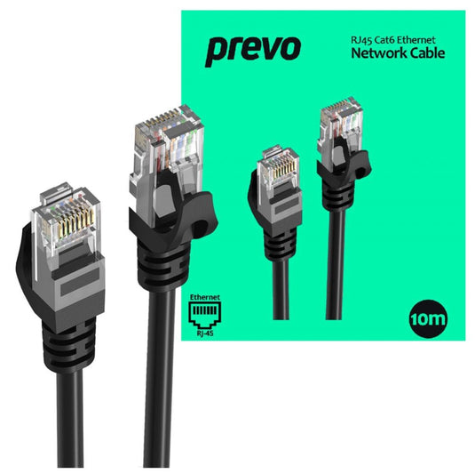 10M Network Cable, RJ45 (M) to RJ45 (M), CAT6, 10m, Black, Oxygen Free Copper Core, Sturdy PVC Outer Sleeve & Clip Protector - Prevo