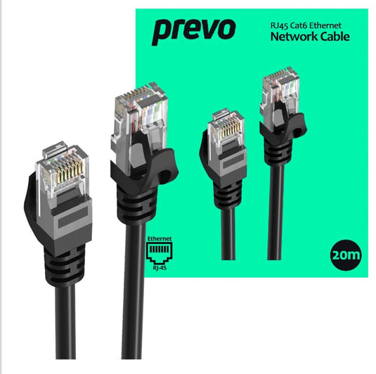 20M Network Cable, RJ45 (M) to RJ45 (M), CAT6, 20m, Black, Oxygen Free Copper Core, Sturdy PVC Outer Sleeve & Clip Protector - Prevo