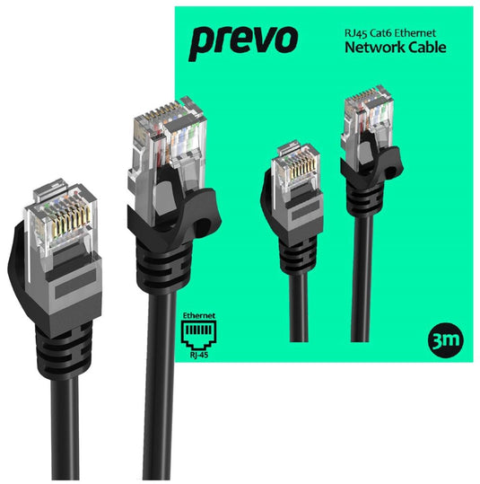 3M Network Cable, RJ45 (M) to RJ45 (M), CAT6, 3m, Black, Oxygen Free Copper Core, Sturdy PVC Outer Sleeve & Clip Protector - Prevo