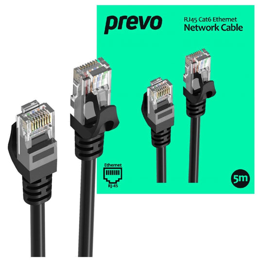 5M Network Cable, RJ45 (M) to RJ45 (M), CAT6, 5m, Black, Oxygen Free Copper Core, Sturdy PVC Outer Sleeve & Clip Protector - Prevo