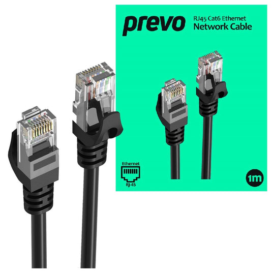 1M Network Cable, RJ45 (M) to RJ45 (M), CAT6, 1m, Black, Oxygen Free Copper Core, Sturdy PVC Outer Sleeve & Clip Protector - Prevo