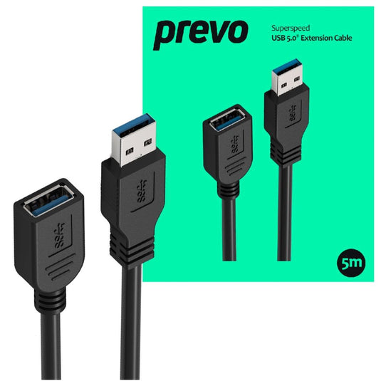 USB Extension Cable, USB 3.0 Type-A (M) to USB Type-A (F), 5m, Black, Up to 5Gbps Transmission Rate - Prevo