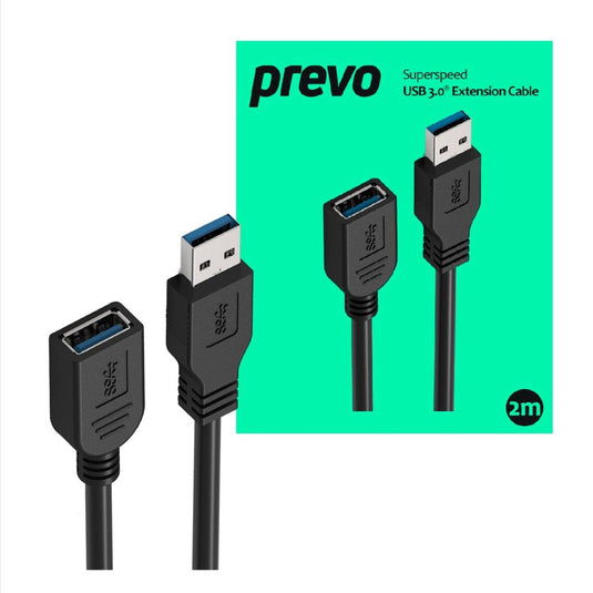 USB Extension Cable, USB 3.0 Type-A (M) to USB Type-A (F), 2m, Black, Up to 5Gbps Transmission Rate - Prevo