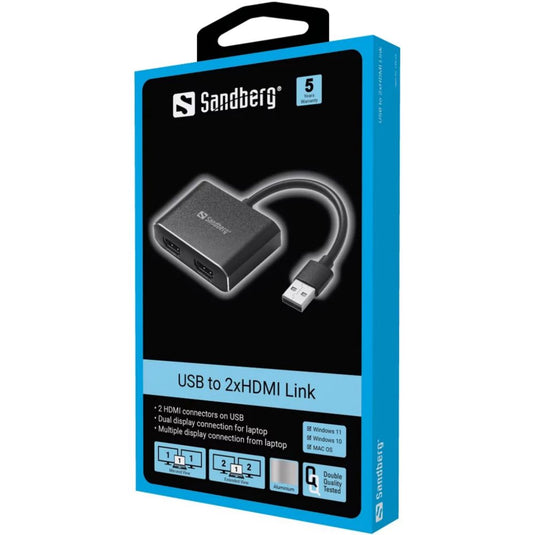 USB-A Male to 2 x HDMI Female Link, Supports SST, Aluminium - Sandberg