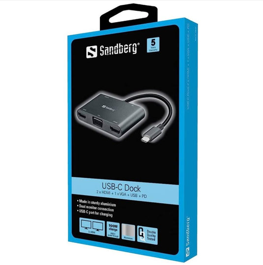 USB-C 5-in-1 Docking Station - USB-C (up to 100W), 2 x HDMI, VGA, USB-A, Aluminium - Sandberg